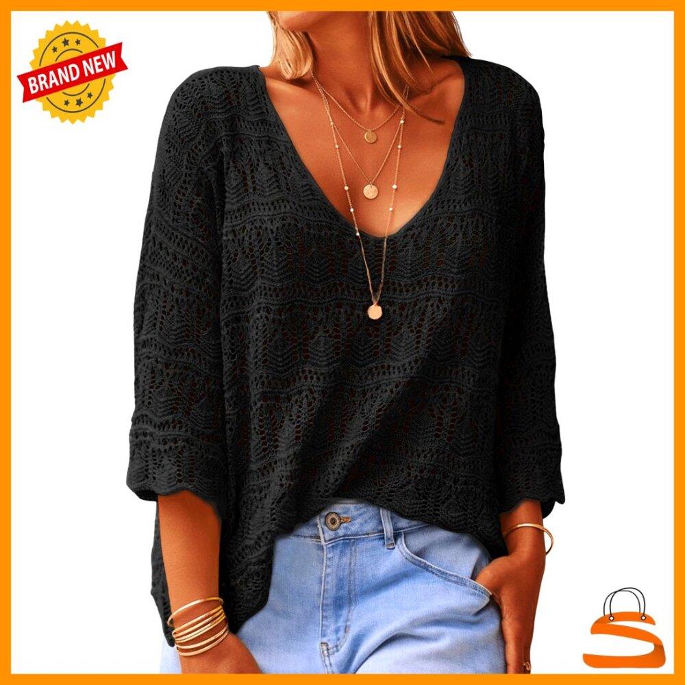 Crochet Mesh Cover Up Top 3/4 Sleeve Off Shoulder Beach Swimsuit Coverup